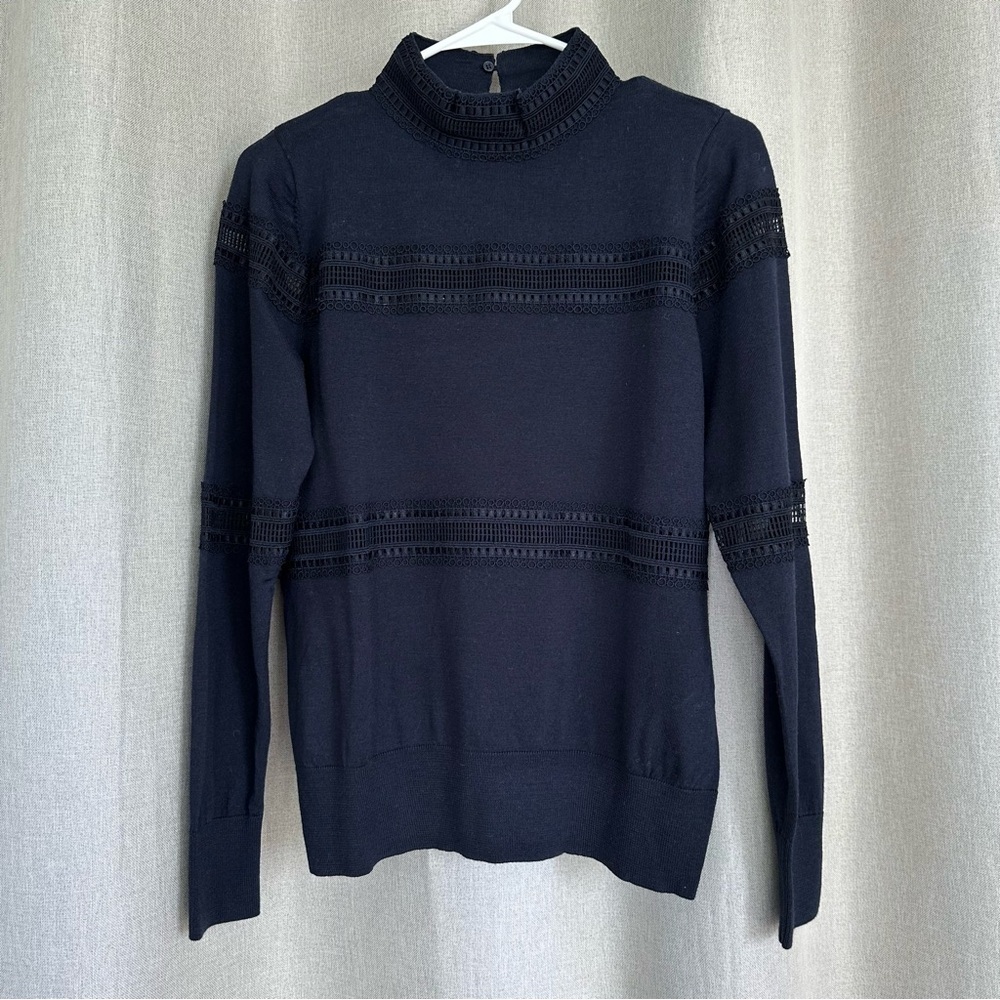 Sandro Wool Navy Blue Long Sleeve Crewneck Sweater XS (2) - Picture 3 of 14